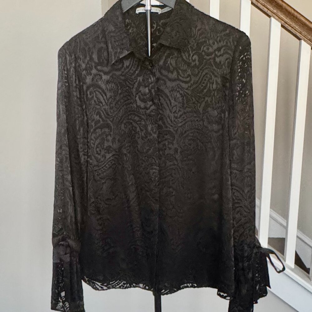 Alice and Olivia Elevated Black Damask Blouse - Silk & Viscose Shell - Size L